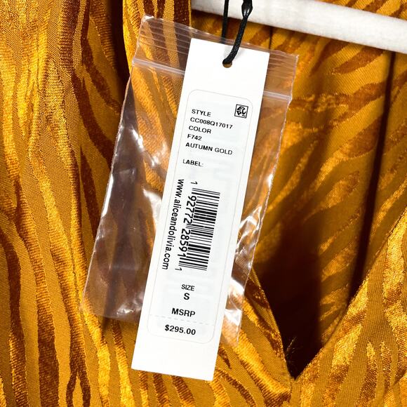 Alice + Olivia‎ Annabelle Top Autumn Gold Mock Satin Neck 3/4 Puff Sleeve Sz S - Picture 9 of 9